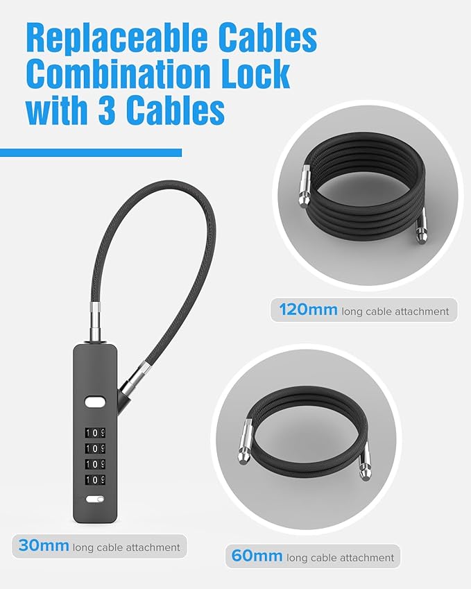 Combination Lock, 4-Digit Steel Cable Locks with Code, Locks for Lockers with 3 Lengths Cables for Bikes, File Cabinets, Wardrobes, Small Fences, Refrigerator Door (Gray-2pcs)