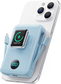 Magnetic Portable Charger for iPhone with Built-in Cables, 6-in-1 10800mAh Power Bank with iWatch Charger & LCD Display,25W Fast Charging Battery Pack for iPhone 16/15/14/13/12,Apple Watch (Sky Blue)