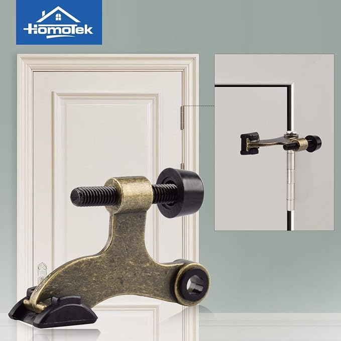 HOMOTEK 12 Pack Hinge Pin Antique Brass Door Stopper, Adjustable Deluxe Heavy Duty Door Stopper 2-1/2"x1-3/4”, with Black Rubber Bumper Tips