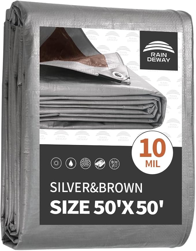 RAINDEWAY Tarps Heavy Duty Waterproof 50x50 Feet, 10 Mil Thick Multipurpose UV Resistance Large Tarp Cover with Metal Grommets and Reinforced Edges, Silver/Brown Tarp