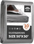 RAINDEWAY Tarps Heavy Duty Waterproof 50x50 Feet, 10 Mil Thick Multipurpose UV Resistance Large Tarp Cover with Metal Grommets and Reinforced Edges, Silver/Brown Tarp