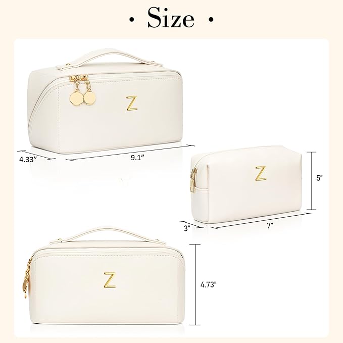 Birthday Gifts for Women Teen Girl, Personalized Initial Makeup Organizer Bag Set, Open Flat Travel Cosmetic Bag With Clear Divider and Handle(Beige,Z)