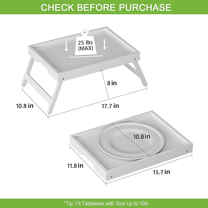 Bed Tray Table with Folding Legs,Bamboo Breakfast in Bed for TV Table,Tray,Eating,Snack Tray,Laptop Computer (White, Medium)