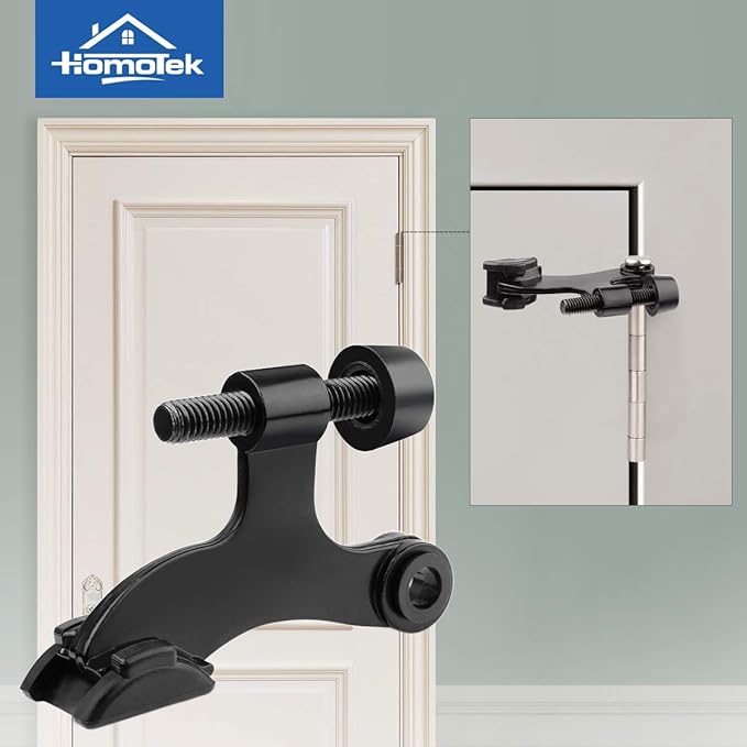 HOMOTEK 4 Pack Hinge Pin Black Door Stopper,Adjustable Deluxe Heavy Duty Door Stopper 2-1/2"x1-3/4”,with Black Rubber Bumper Tips