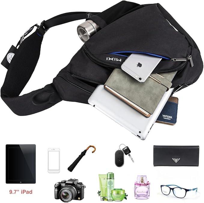 mixi Sling Bag Men Backpack Unisex One Shoulder Bag Hiking Travel Backpack Crossbody with USB Port for Men Women Versatile Casual Daypack-17 inch,Black