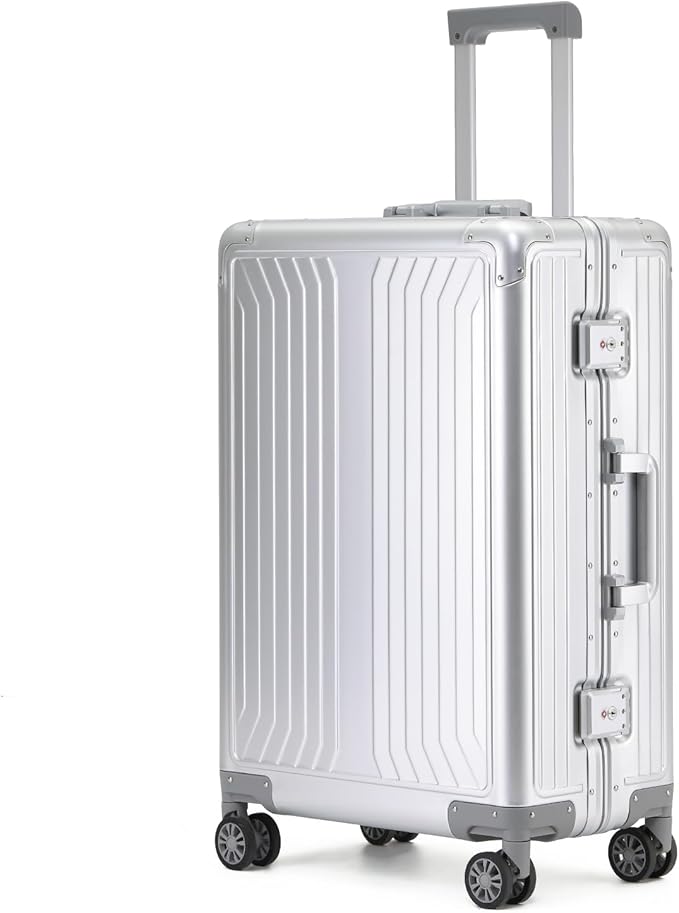 Metal all aluminum carry-on suitcase 20 "hard face, TSA lock and rotating wheel zippered luggage set (silvery, 28 '')