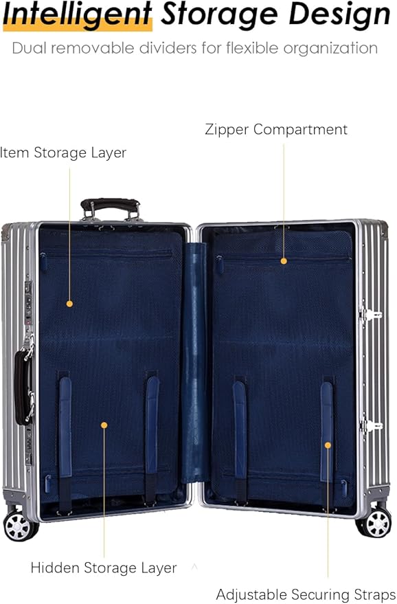 HotWay 20 Inch All Aluminum Carry On Luggage with Leather Handle, Hard Shell Zipperless Suitcase with TSA Locks and Spinner Wheels, Silver Travel Luggage (22x14x9 Airline Approved)