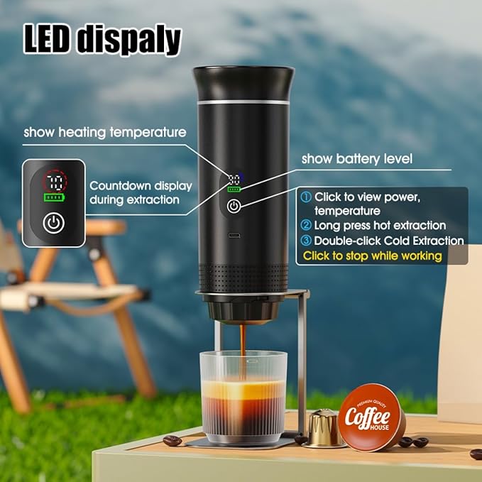 Portable Electric Coffee Maker, Digital Display, Compatible with Coffee Pods,Rechargeable Coffee Machine for Travel, Camping, RV,Home,Office (black)