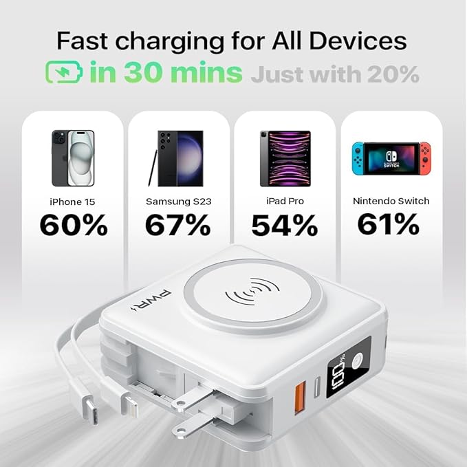 PWR Travel PRO 5-in-1 Power Bank with Case Included – 10,000mAh with Built-in Cables – 20W USB-C + 15W Wireless Charging – Compact Portable Charger for iPhone & Android - White