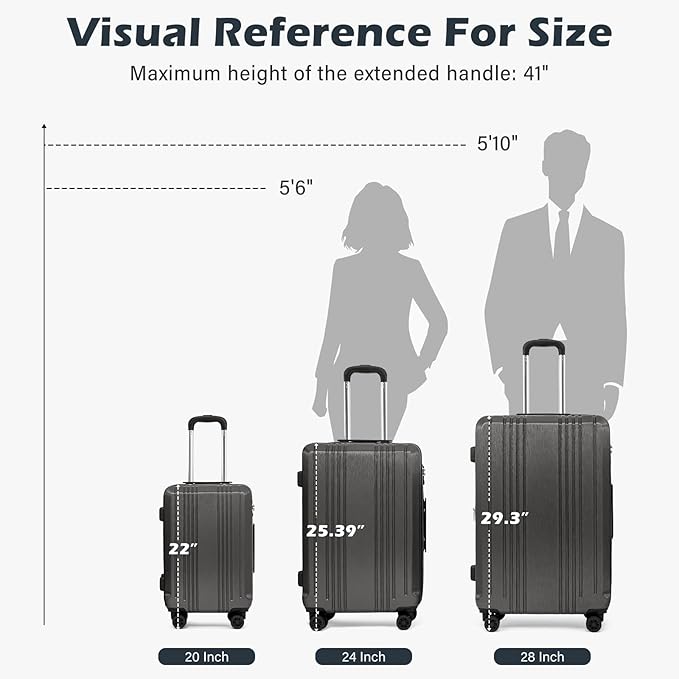 Coolife Luggage Suitcase PC+ABS with TSA Lock Spinner Carry on Hardshell Lightweight 20in 24in 28in (grey, S(20in))