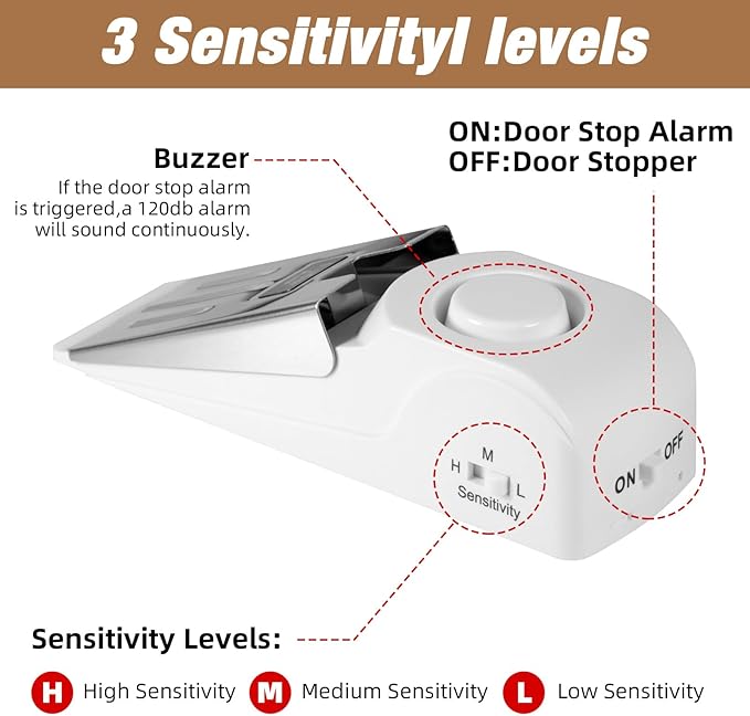 2 Pack 120dB Travel Door Stopper Alarm & Portable Door Lock, 3-Level Sensitivity Adjustable Travel Security Wedge for Hotel Home Apartment Dorm
