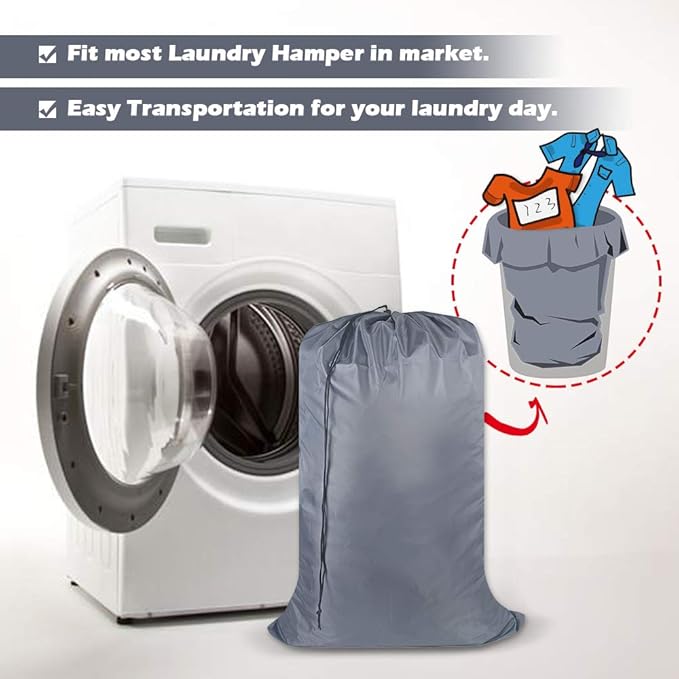 Washable Travel Laundry Bag with Drawstring (3 Pack), Large Dirty Clothes Bag Fit a Laundry Basket or Clothes Hamper, Enough to Hold 4 Loads of Laundry,26x39 inches Grey 3
