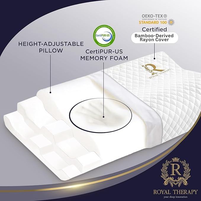 Royal Therapy Memory Foam Pillow, Queen Neck Pain Relief, Contour Cervical Pillow, for Neck and Shoulder Pain, Side, Back and Stomach Sleeper