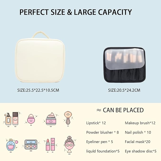 Makeup Bag with Led Mirror,Travel Makeup Organizer with 3 Color Setting, Portable Storage and Adjustable Dividers Travel Makeup Bag(White)