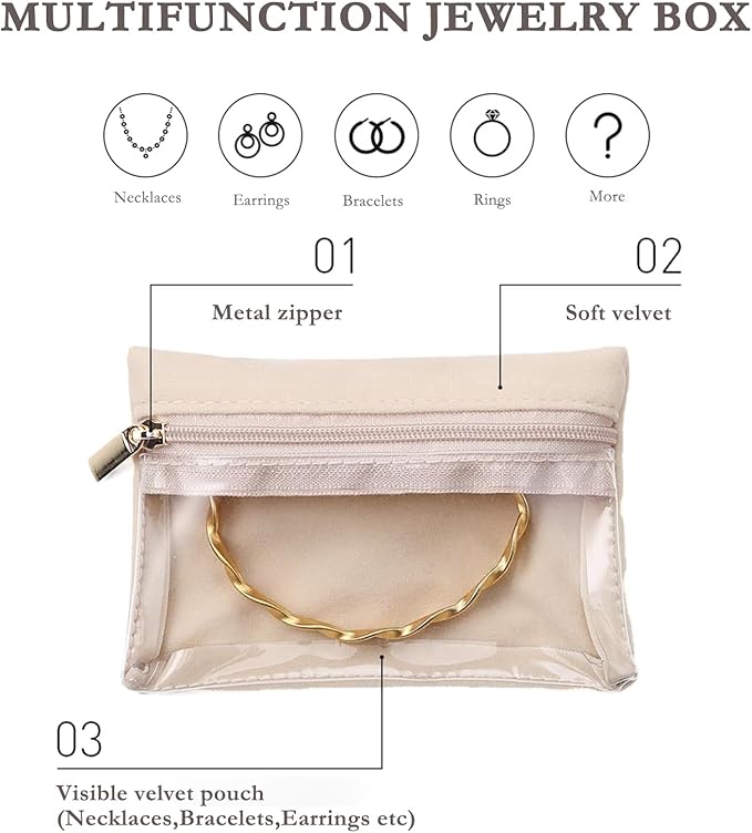 Jewelry Box Organizer for Women,Small Travel Jewelry Case,Mini Travel Jewelry Organizer with 8 Velvet Jewelry Zipper Pouches, Jewelry Box Organizer for Teacher Gifts Wedding Gifts(Off White)