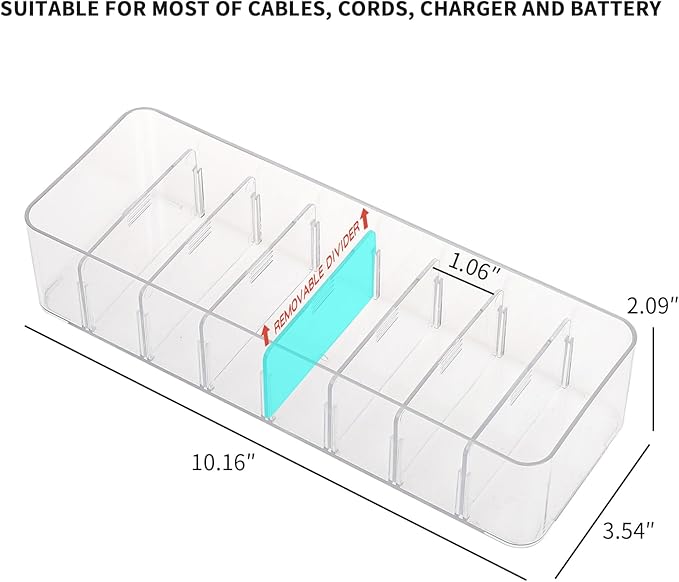 Yesesion 4 Pack Cord Organizer Box with 40pcs Wire Ties, Plastic Charger Storage Case with Adjustable Dividers for Desk Drawer, Home Office Supplies, Stationery, Data Cable, USB, Battery Holder