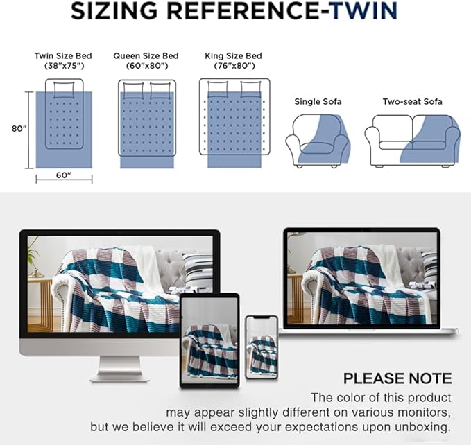 PU MEI Sherpa Blanket Twin Plaid Thick Bed Blanket, 60”*80” Super Soft Flannel Fuzzy Fleece Reversible Velvet Plush Warm Blanket for Couch (Teal Check, 60"*80")