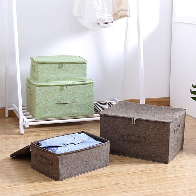 ANMINY 2PCS Storage Bins with Zipper Lids 36 Qt Lidded Fabric Storage Boxes Baskets Cubes with Handles Collapsible Washable Cotton Linen Closet Shelf Clothes Organizer Containers - Coffee, Large