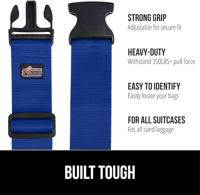 GORILLA GRIP Heavy Duty Adjustable Luggage Straps for Suitcases, Easy to Identify Travel Belt Connector Holds Suitcase Together, Extends Life of Bag, Strap Connects Two Bags, Accessories 2 Pack Blue
