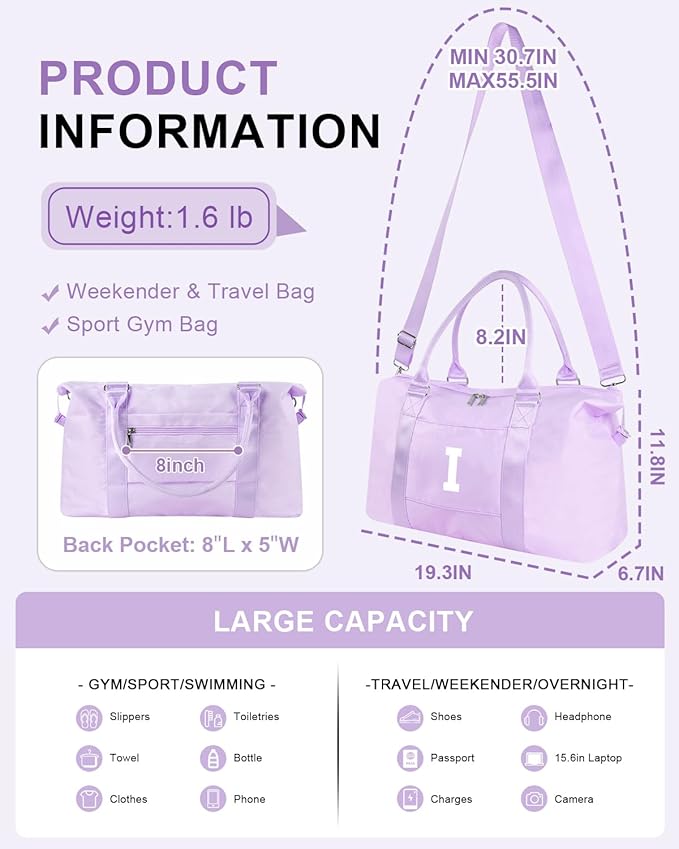 Daughter Niece Gifts for Teen Girl Kids, Initial Travel Duffel Bag Sports Gym Bag Personalized Gifts Weekender Bag，Monogram Overnight Bag Cute Dance Bag Birthday Bridesmaid Gifts for Women(Purple, I)