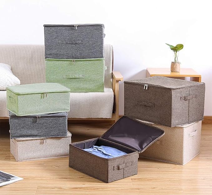 ANMINY 2PCS Storage Bins with Zipper Lids 13 Qt Lidded Fabric Storage Boxes Baskets Cubes with Handles Collapsible Washable Cotton Linen Closet Shelf Clothes Organizer Containers - Coffee, Small