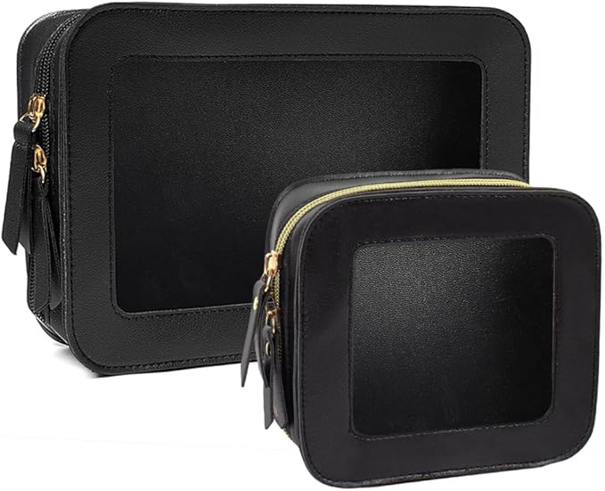 2 Pcs Clear Makup Bag Set, Clear Cosmetic Bags with Zipper Waterproof Small Travel Cosmetic Case Cute Make Up Pouch Mini Car Essentials for Women Travel Car Organizer (Black Set)