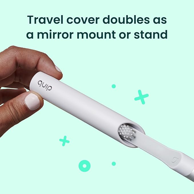 Quip Sonic Toothbrush for Adults with Timer - Includes Extra Brush Head and Travel Cover Mount - Electric, Soft Bristle Refill Head, Metal Handle, 3 Month Battery Life - Travel Toothbrush - Silver
