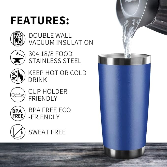 20oz Tumbler Stainless Steel Vacuum Insulated Mug with Lid, Double Wall Travel Mug, Durable Powder Coated Coffee Cup, Suitable for Ice Drinks and Hot Beverage (New Blue 12 pack)