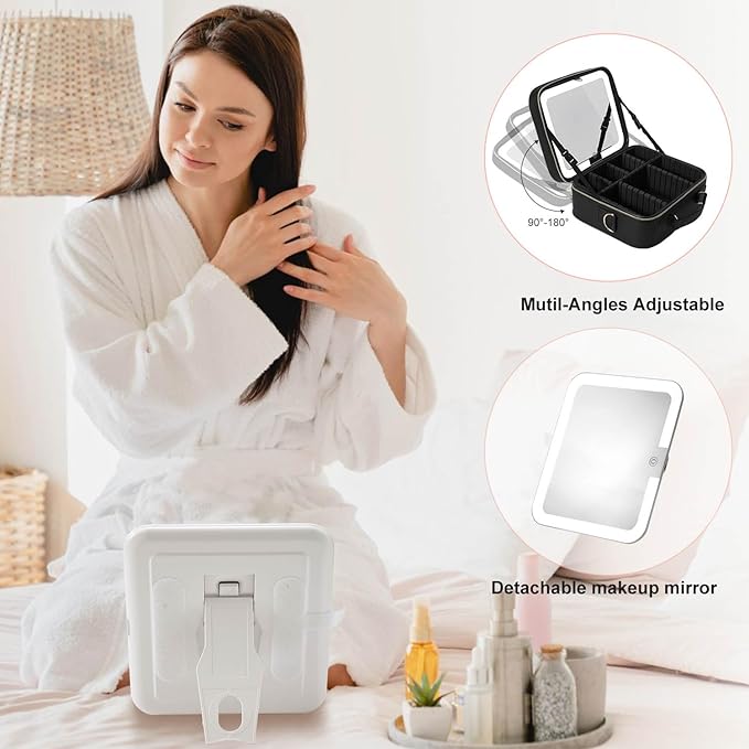 Mocado Travel Makeup Bag with LED Lighted Mirror,Travel Makeup Organizer,Makeup Case with 3 Color Lighted Setting and 10x Magnifying Mirror,Portable Storage and Adjustable Dividers Makeup Box(Black)