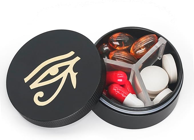 Small Pill Case 3 Compartments, Metal Round Portable Pill Box, Waterproof Travel Pill Organizer, Pocket Purse Medicine Vitamin Holder EDC Container (Black with Eye)