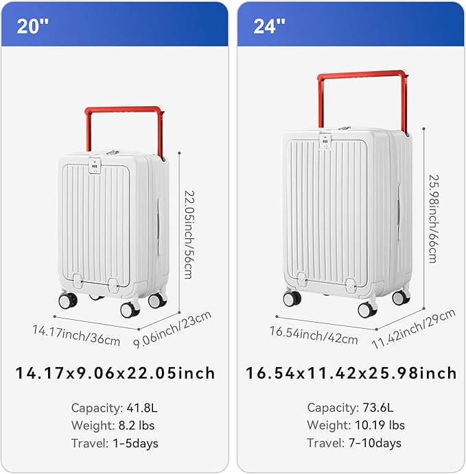 SOKOK Front Pocket Luggage with Spinner Wheels, 24'' Wide Handle Travel Suitcase PC Hardshell Multifunctional Luggage with Charging Port and Cup Holder, White
