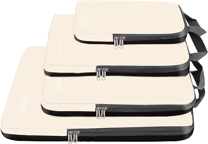 BAGAIL 4 Set/6 Set/8 Set Compression Packing Cubes Travel Accessories Expandable Packing Organizers (Cloth Pattern, 4-Beige)