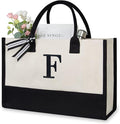 TOPDesign Embroidery Initial Canvas Tote Bag, Personalized Present Bag, Suitable for Wedding, Birthday, Beach, Holiday, is a Great Gift for Women, Mom, Teachers, Friends, Bridesmaids (Letter F)