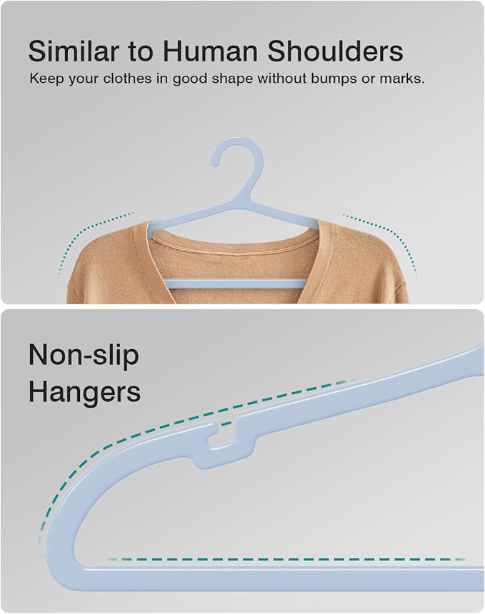 50 Pack Clothes Hangers, Non Slip Plastic Coat Hangers, Space Saving Hangers, Heavy Duty, Hanging Dry Wet Clothes, 16.4" x 8.3", Light Blue, UAPY0550L
