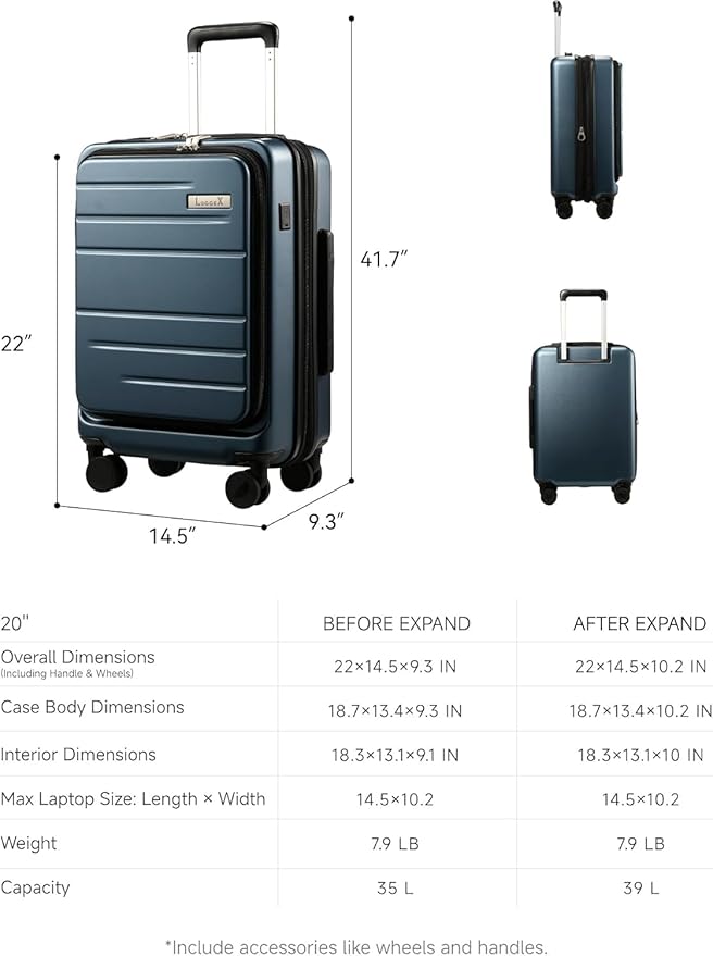 LUGGEX Carry On Luggage 22x14x9 Airline Approved, Expandable Polycarbonate Suitcase with Front Pocket (White, 20 Inch, 35L)