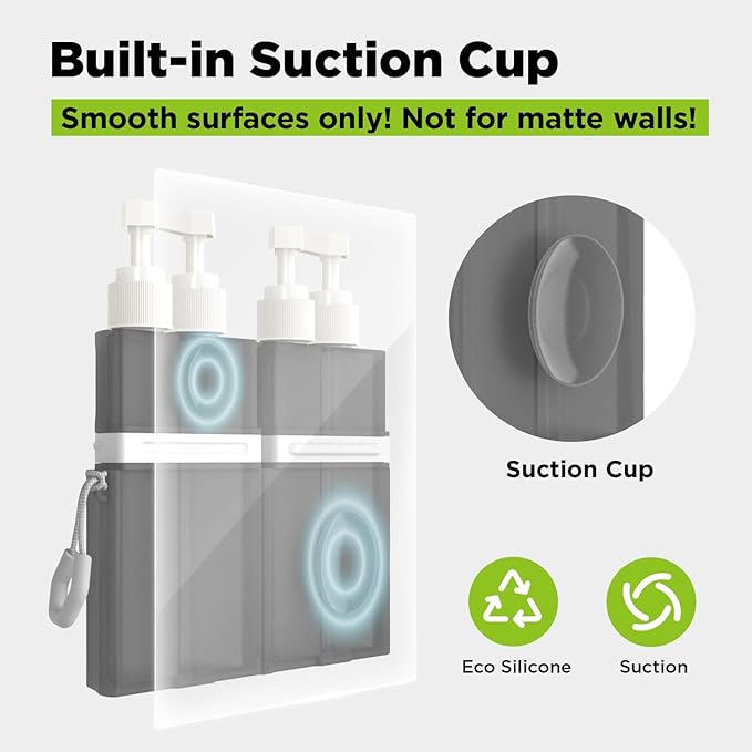 4 in 1 Travel Toiletry Containers,TSA Approved Refillable Travel Size Toiletries Bottles Set with Suction Cup for Smooth Walls - for Shampoo,Conditioner,Body Wash,Lotion.(Grey)