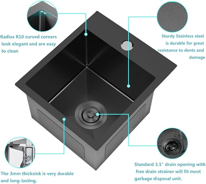 ARTLINE 15 x 20 Inch Black Drop in Bar Sink, Stainless Steel Single Bowl Kitchen Sink, Small Topmount 9 Inch Deep Wet Bar sink for Outdoor Prep RV Yard Laundry Utility with Dish Grid & Drain