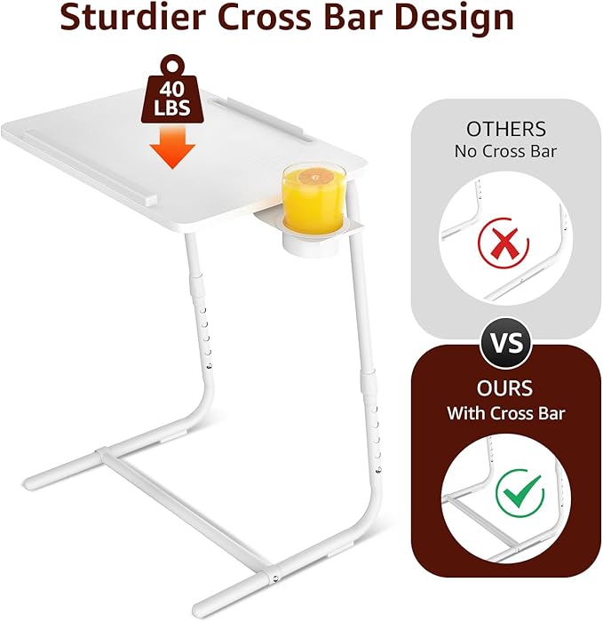 TV Trays Set of 2 - Folding TV Tray Adjustable Dinner Trays for Eating On Couch Wooden Tables Mate Stand Foldable White Desk with Cup Holder Portable