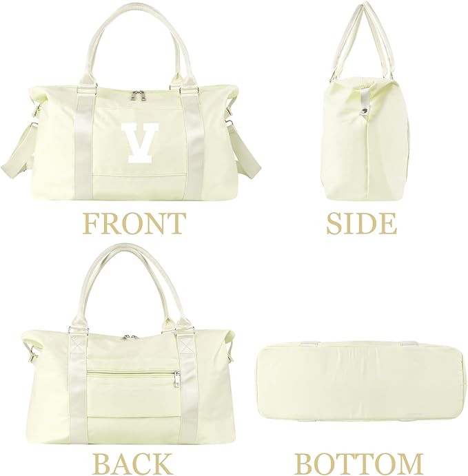 Initial Travel Duffel Bag Sports Gym Bag for Kids Teen Birthday Gifts,Beige Personalized Weekender Bag Carry On Dance Bags for Women Men,Waterproof Monogram Overnight Bag with Trolley Sleeve(Letter V)