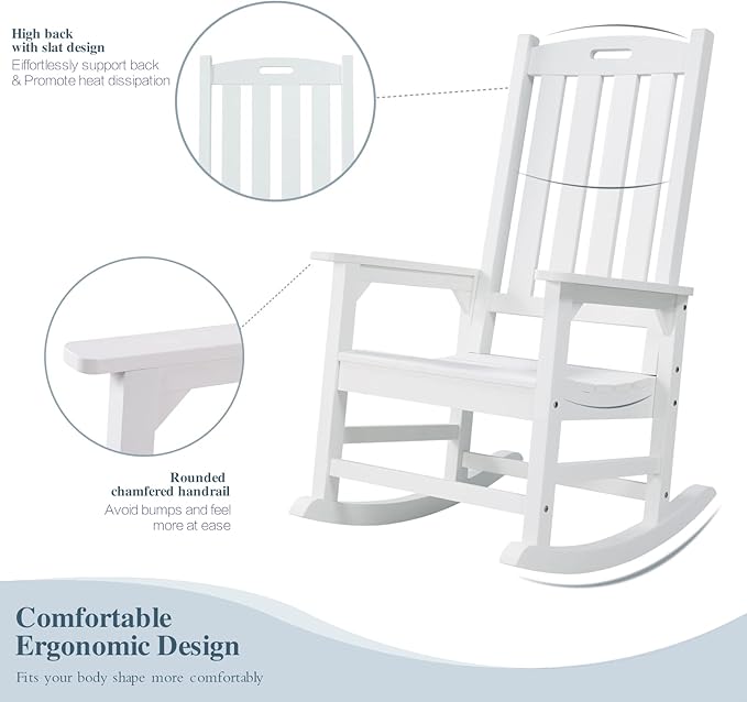 Psilvam Oversized Outdoor Rocking Chair Set of 2, Porch Rocker with 21" Wide Seat and 32" Tall Backrest, Pre-Assembled with Most Components for Effortless Installation (White)