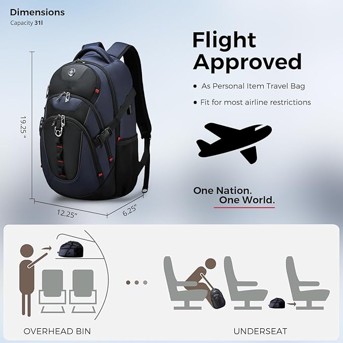 Swissdigital Design Laptop Backpack with USB Charging Port, TSA Travel Backpack Fits 15.6 inches Computer, 31L College School Backpack for Men, Blue/Black | SD803