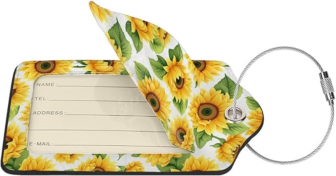 Lovely Sunflower Leather Luggage Tag with Stainless Steel Ring, Fun Name Id Card Cover Travel Bag Tag Set, Suitable for Travel Bag Luggage Women Men 4 PCS