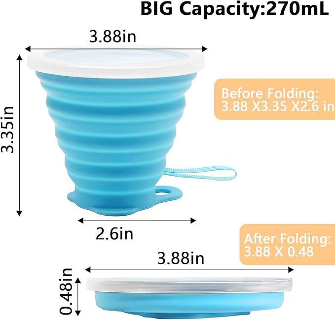Litoexpe 4 Pack Silicone Collapsible Travel Cup Portable Folding Camping Cup Sets with Lids, Yellow & Orange & Blue & Green, Capacity 9.22oz (270ml)