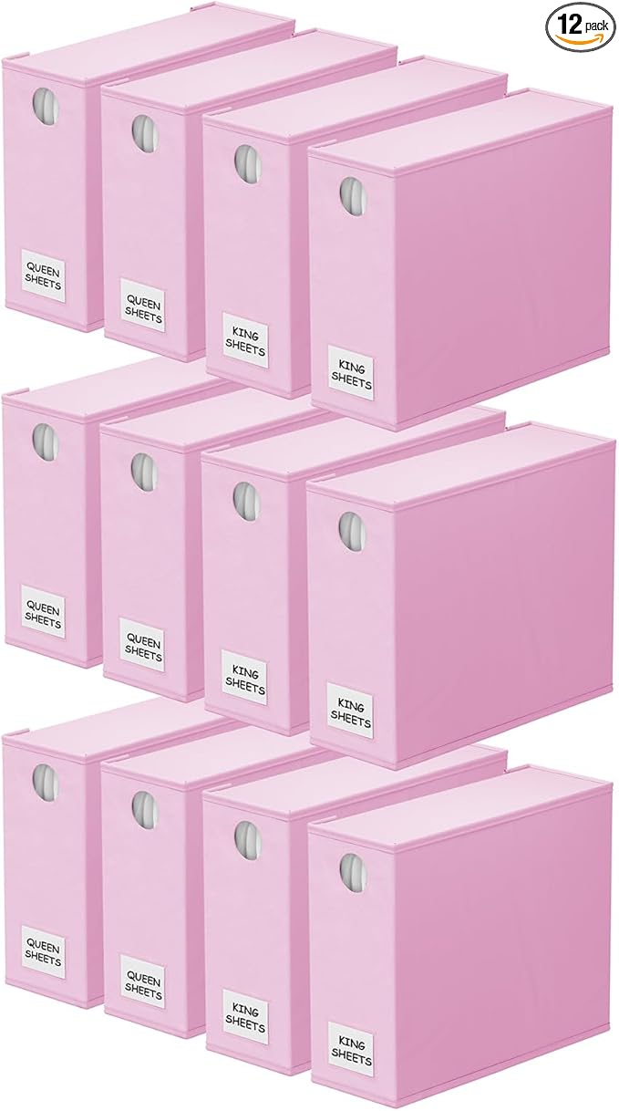 SpaceAid 12 Pack Bed Sheet Organizers and Storage, Foldable Sheet Organizer for Linen Closet, Sheets Set Folder Keeper with Window XL (Queen & King Size) Bedding Container (Pink, 12 Pack)