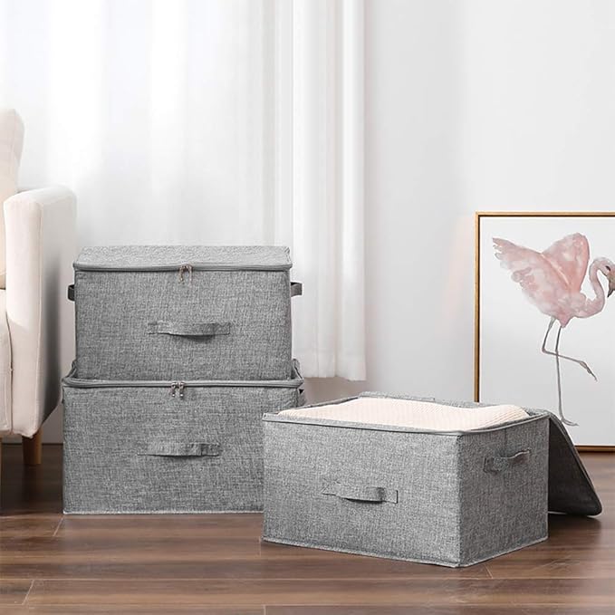ANMINY 2PCS Storage Bins with Zipper Lids 51.9 Qt Lidded Fabric Storage Boxes Baskets Cubes with Handles Collapsible Washable Cotton Linen Closet Shelf Clothes Organizer - Gray, Extra Large