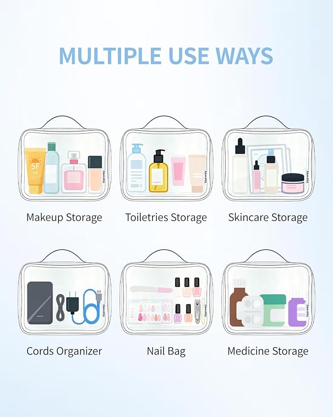 Narwey TSA Approved Clear Toiletry Bag for Travel, Waterproof PVC Clear Makeup Bags, Portable Compact Cosmetic Bag Make Up Organizer, Airport Airline Quart Size Compliant Bag (Dusty Pink Stripe)
