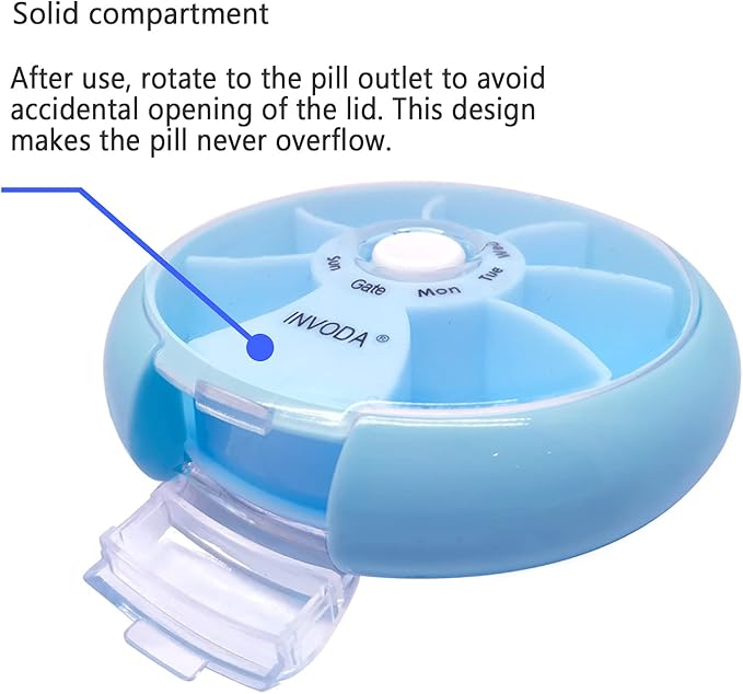 INVODA Weekly Pill Organizer 7 Compartment Rotating Pill Box for Daily Medication & Vitamins - Portable Travel Pill Case Fish Oil Supplements Vitamins Organizer (Green+Blue)
