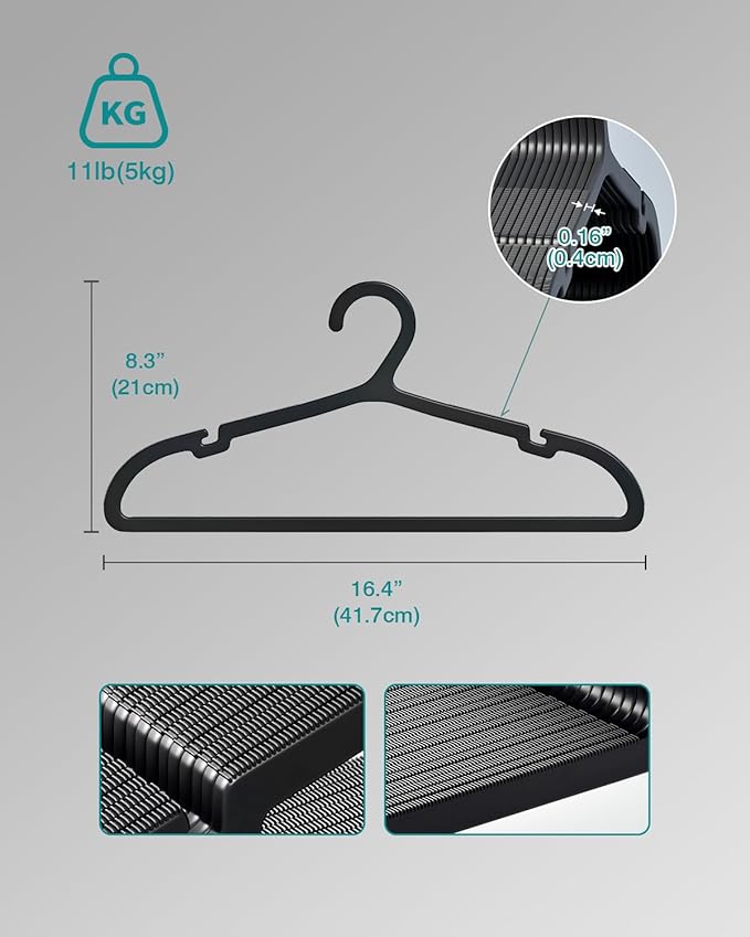 100 Pack Clothes Hangers, Non Slip Plastic Coat Hangers, Space Saving Hangers, Heavy Duty, Hanging Dry Wet Clothes, 16.4" x 8.3", Black, UAPY05100B