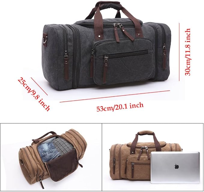 Duffle Bag for Travel, Large Canvas Duffel Bag for Travelling Overnight Weekender Bag Carry On Bag for Men Women Black