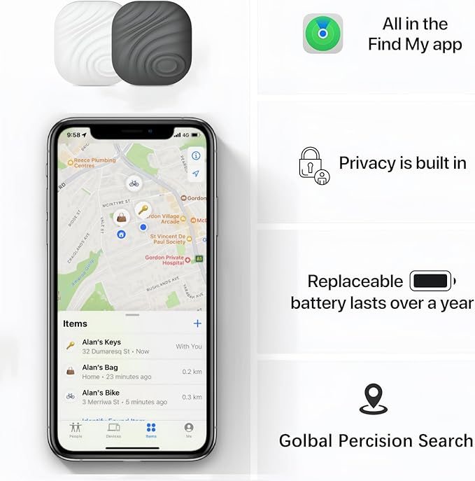 Smart Key Finder - Only iOS(Not for Android) - Bluetooth Smart Key Tracker Tag - Work for Apple Find My - Keep Track of The Items That Matter Most (2Coffee & 2White)